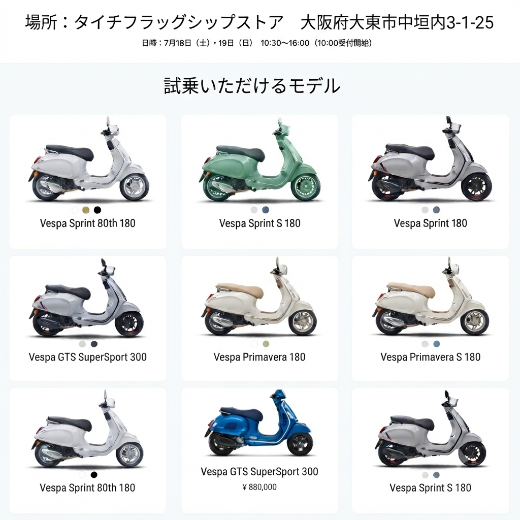 【7/18-19開催】新型ベスパを先取り！タイチフラッグシップストアにて先行試乗会を緊急開催！